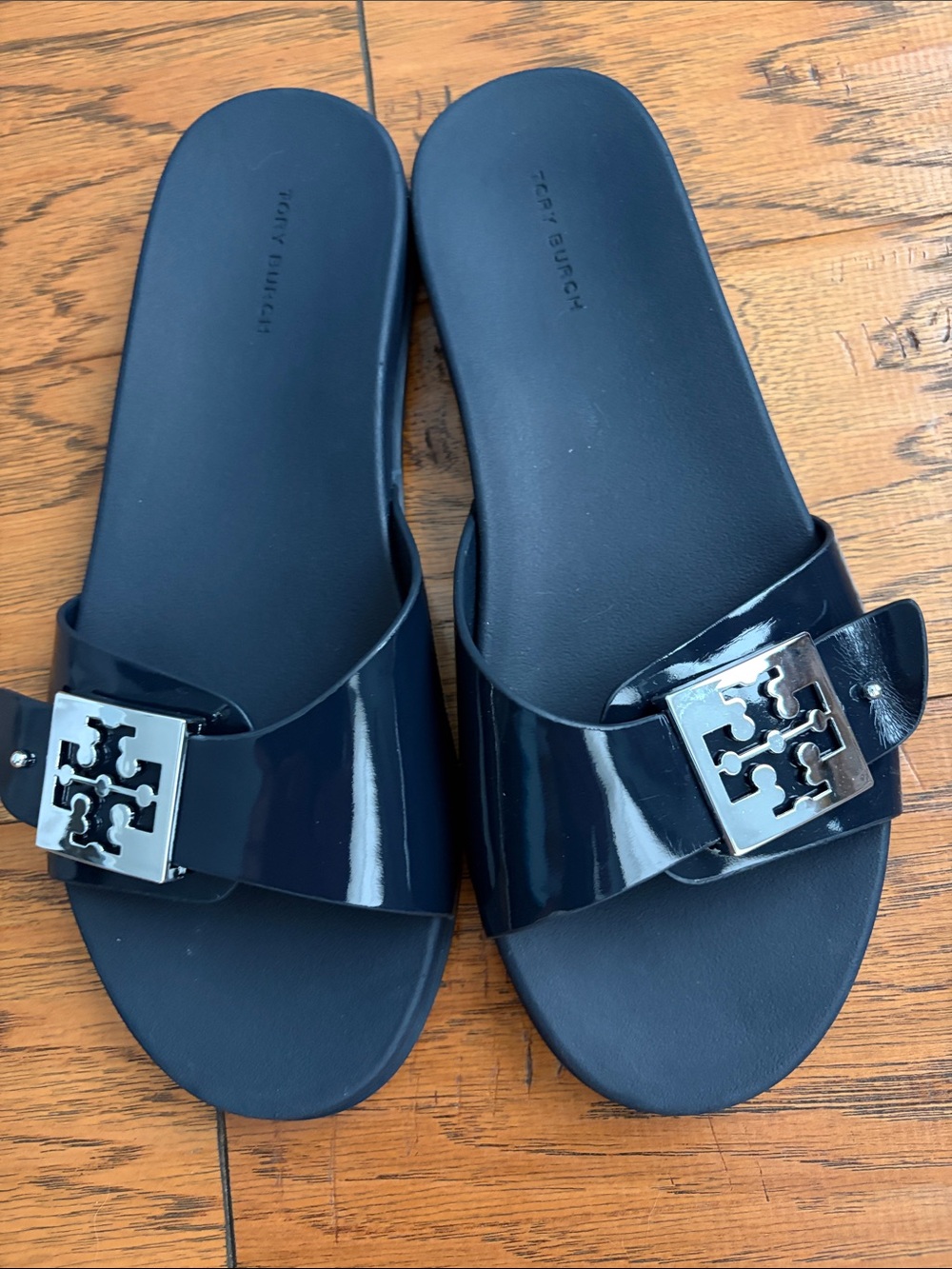 Tory Burch Patent Logo Buckle Slide Sandals Navy/Silver women’s 8M